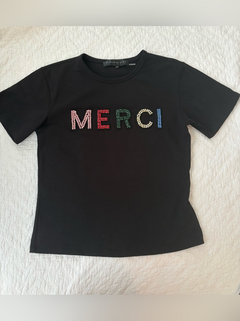 Endless Rose Merci bejeweled black tee. Multicolored stones. Size Small.